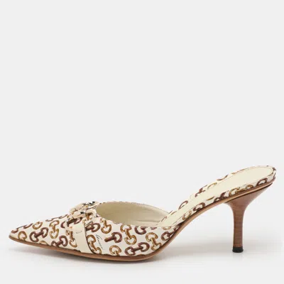 Pre-owned Gucci White/green Satin Horsebit Pointed Toe Mules Size 36.5
