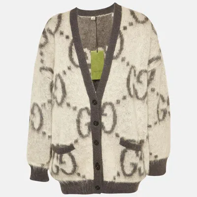 Pre-owned Gucci White/grey Gg Intarsia Mohair Reversible Cardigan M