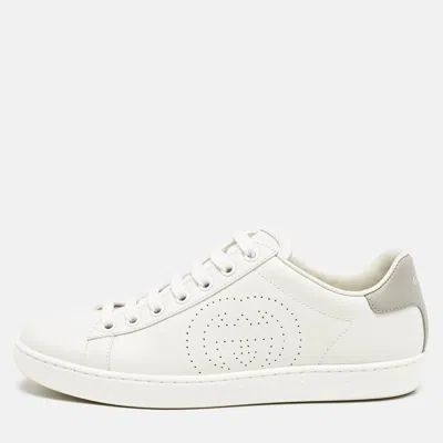 Pre-owned Gucci White/grey Leather Perforated Interlocking G Ace Sneakers Size 34.5