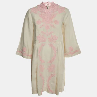Pre-owned Gucci White/pink Linen And Lace Kaftan Mini Dress Xs