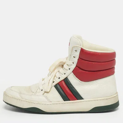 Pre-owned Gucci White/red Leather New Praga Karibu Web High Top Sneakers Size 37