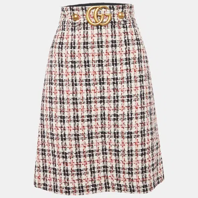 Pre-owned Gucci White/red Tweed Gg Detail Pencil Skirt S