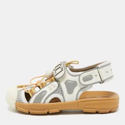 Pre-owned Gucci White/silver Mesh And Leather Tinsel Sport Sandals Size 36