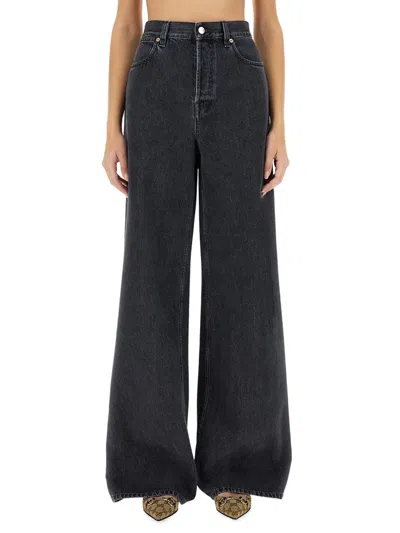 Gucci Wide Leg Denim Pants In Animal Print