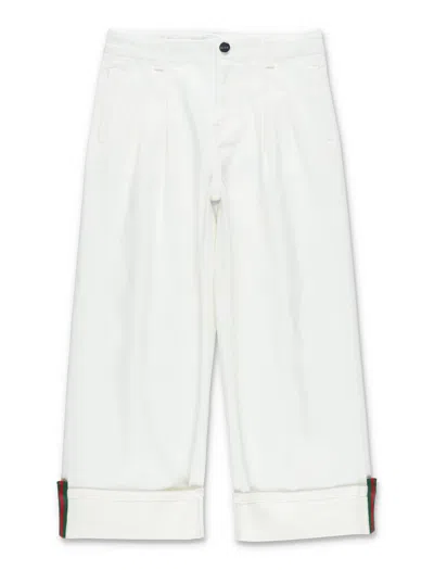 Gucci Wide Leg Girls' Stretch Denim Pants With Adjustable Waistband In White
