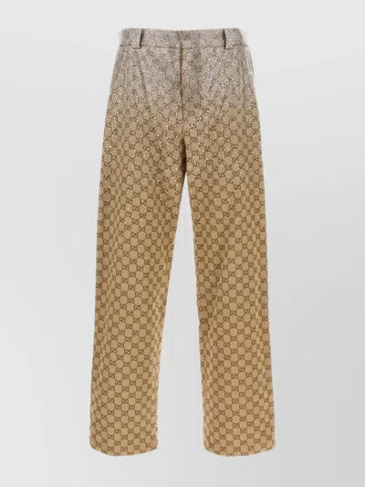 Gucci Wide Leg High Waist Trousers With All-over Pattern In Brown