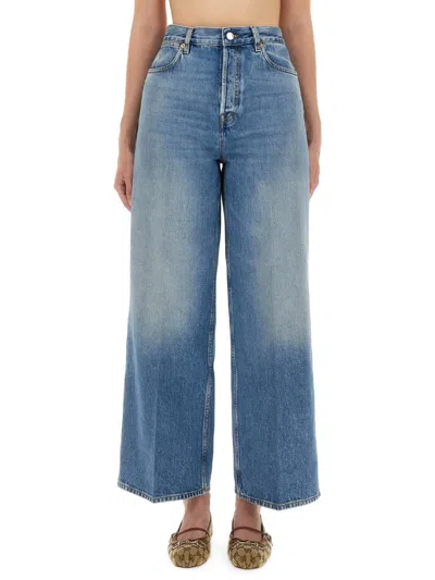 Gucci Wide-leg Jeans With Back Leather Logo Tag In Blue