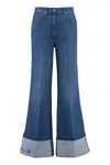 Gucci Wide-leg Denim Jeans With Leather Logo Tag And Roll-up Ankle Cuffs For Women In Navy