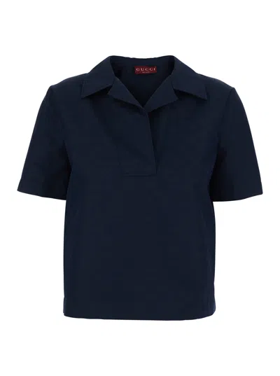 Gucci Wide-collar Cotton-blend Blouse In Blue