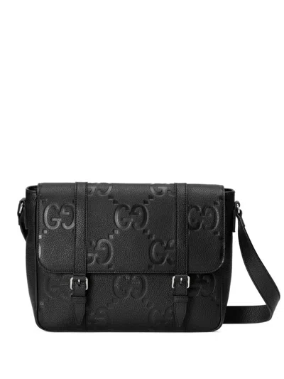 Gucci Medium Jumbo Gg Foldover Top Messenger Bag In Black