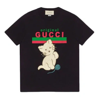 Gucci (wmns)  Cat Alphabet Cartoon Round Neck Pullover Short Sleeve Black