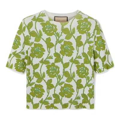 Gucci (wmns)  Floral Print Fine Wool Silk T-shirt 'green Beige' In Gold