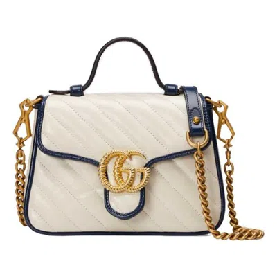 Gucci (wmns)  Gg Marmont Gold Logo Colorblock Leather Chain Handbag Mini White / Blue Retro
