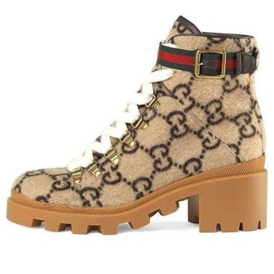 GUCCI (WMNS) GUCCI GG MONOGRAM LACE UP COMBAT ANKLE BOOTS 'BEIGE'