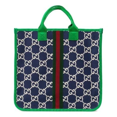 Gucci (wmns)  Logo Stripe Webbing Tote Kids Kid's Navy Blue / Green Handbag In Multi