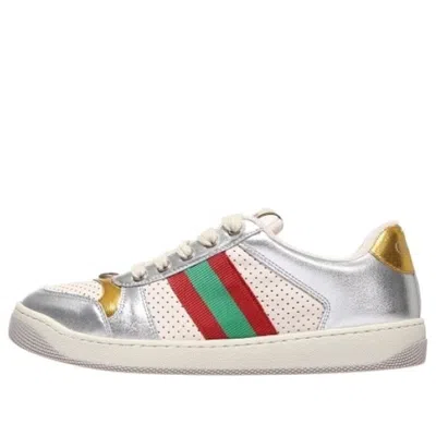GUCCI (WMNS) GUCCI SCREENER METALLIC CALFSKIN WEB 'SILVER GOLD'