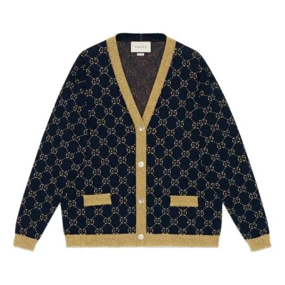 Gucci (wmns)  Ss21 Cotton Gold Silver V Neck Cardigan Wool Sweater Blue