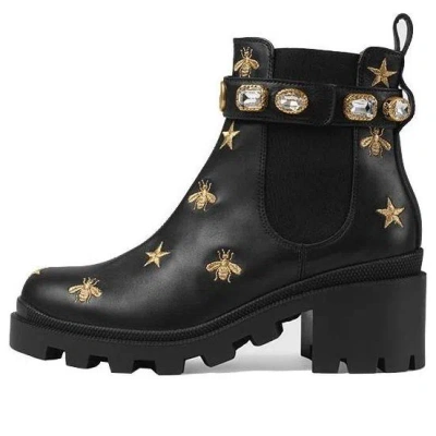 Gucci (wmns)  Stars And Bee Embroidered Leather Ankle Boot With Belt 'black'
