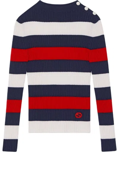 Gucci (wmns)  Striped Rib Stitch Wool Top 'ivory Blue Red' In Multi