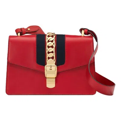 Gucci (wmns)  Sylvie Gold Buckle Stripe Webbing Bow Wide Version Leather Handbag Small Red