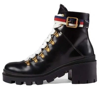 Gucci (wmns)  Sylvie Series Webbing Leather Ankle Boots Black