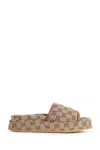 Gucci Women Beige Sandals With Leather Finishes And All-over Gg Motif In Fabric Woman In Brown