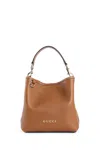 Gucci Gg Emblem Leather Bucket Bag With Frontal Logo In Brown