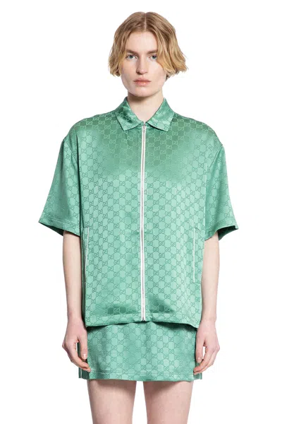 GUCCI GG SATIN SHORT SLEEVE ZIP SHIRT