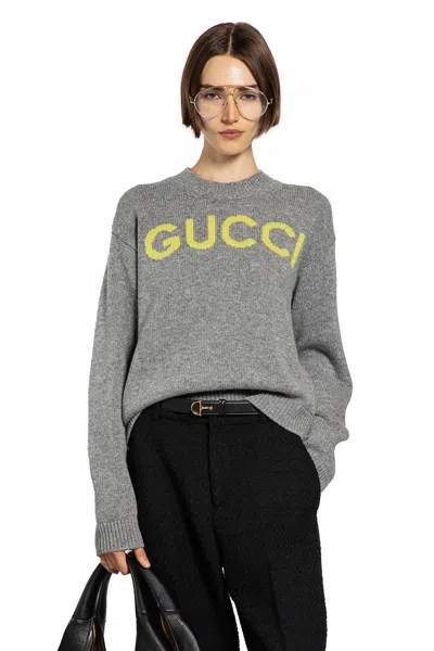 Gucci Wool Sweater With Embroidered Monogram In Gray