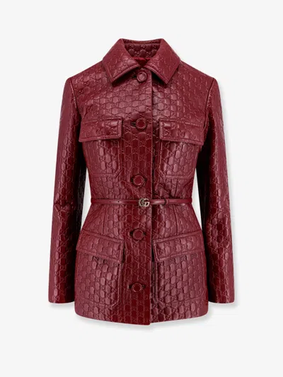 Gucci Gg Embossed Leather Jacket In Red