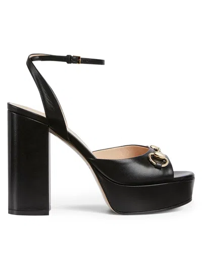 Gucci Women's 115mm Horsebit Leather Platform Sandals In Black