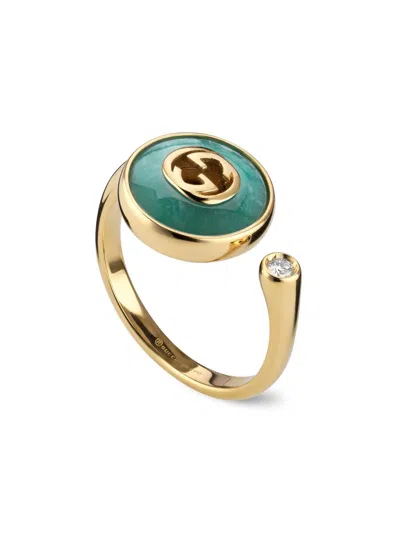 Gucci Women's 18k Yellow Gold, Amazonite & 0.02 Tcw Diamond Cuff Ring In Green