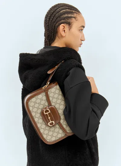 Gucci 1955 Horsebit Canvas And Leather Shoulder Bag In Brown