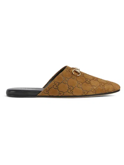 GUCCI WOMEN'S ANNETTE HORSEBIT MONOGRAM SUEDE MULES