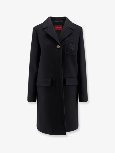 Gucci Women Black Notched Lapel Wool Coat