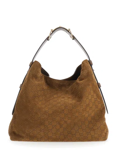 Gucci Women 'beatrix Large' Brown Shoulder Bag With All-over Gg Motif In Suede Woman In Multi