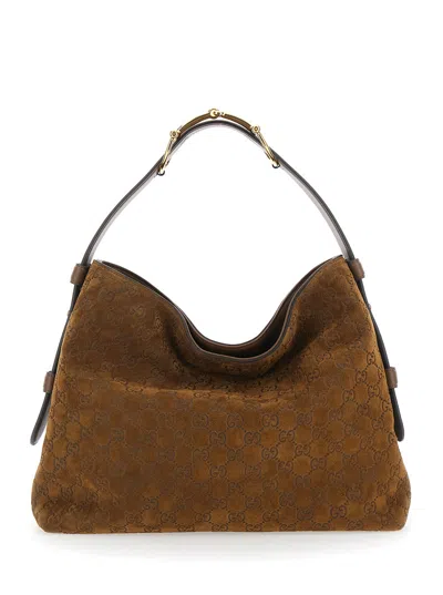 Gucci Women 'beatrix Small' Brown Shoulder Bag With All-over Gg Motif In Suede Woman In Multi