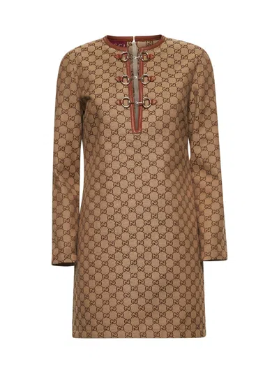 Gucci Women Beige Gg Canvas Mini Dress
