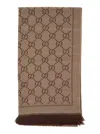 Gucci Women Beige Knit Scarf With Jacquard Gg Motif In Wool Woman In Brown