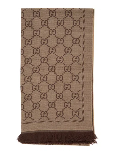 Gucci Women Beige Knit Scarf With Jacquard Gg Motif In Wool Woman In Brown
