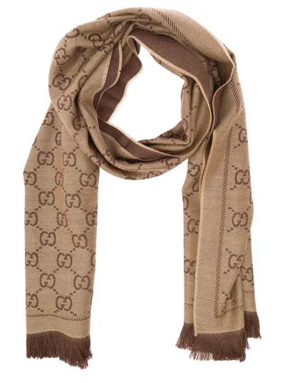 Gucci Women Beige Knit Scarf With Jacquard Gg Motif In Wool Woman In White