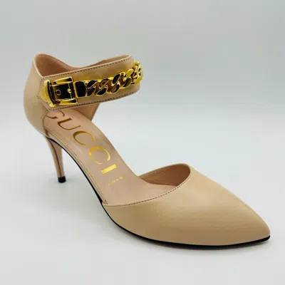 Pre-owned Gucci Women's Beige Leather Heel Pump With Gold Ankle Chain 626711 6705