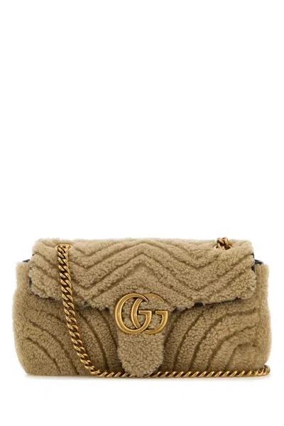 Gucci Women Beige Shearling Small Marmont Shoulder Bag In Brown