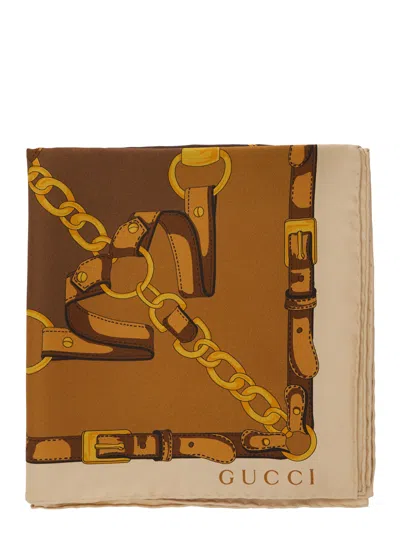 Gucci Women Beige Square Scarf With Chain Print And Logo Lettering In Silk Woman In Brown