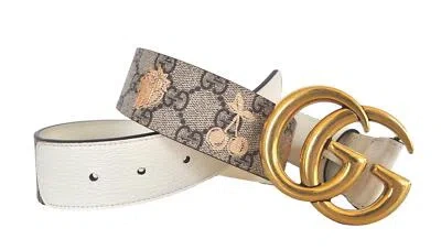 Pre-owned Gucci Women's Belt In Leather And Waxed Fabric Gg Marmont 400593 Unqac 8295 In White Brown Beige