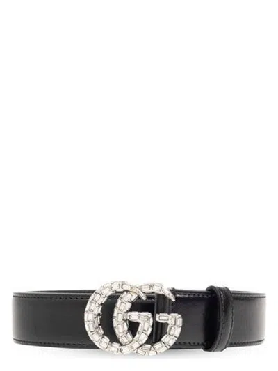 Gucci Women's Belt With Double Gg Buckle With Crystals In Black