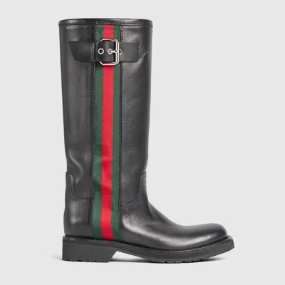 Gucci Women's Biker Boot With Web In Black