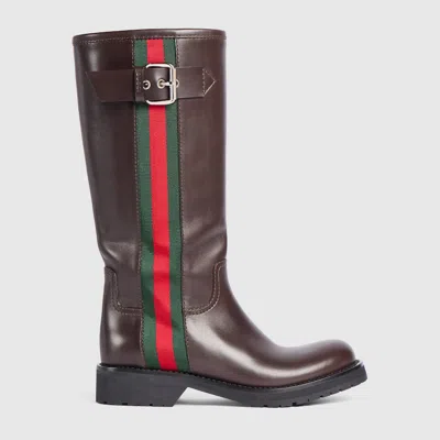 Gucci Women's Biker Boot With Web In Brown