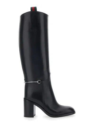 GUCCI GUCCI WOMEN BLACK BOOTS WITH SIDE CLAMP AND WEB DETAIL IN LEATHER WOMAN