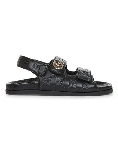 Gucci Women Black Gg Leather Sandals